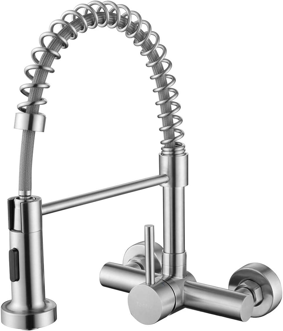 Rubinetto Cucina Flessibile a Parete 15Cm (± 1,5Cm) Con Doccetta a 2 Modalità, Miscelatore Monocomando a Muro Girevole a 360°, Rubinetti Molla per Lavello, Acciaio Inox 304, Aeratore Rimovibile