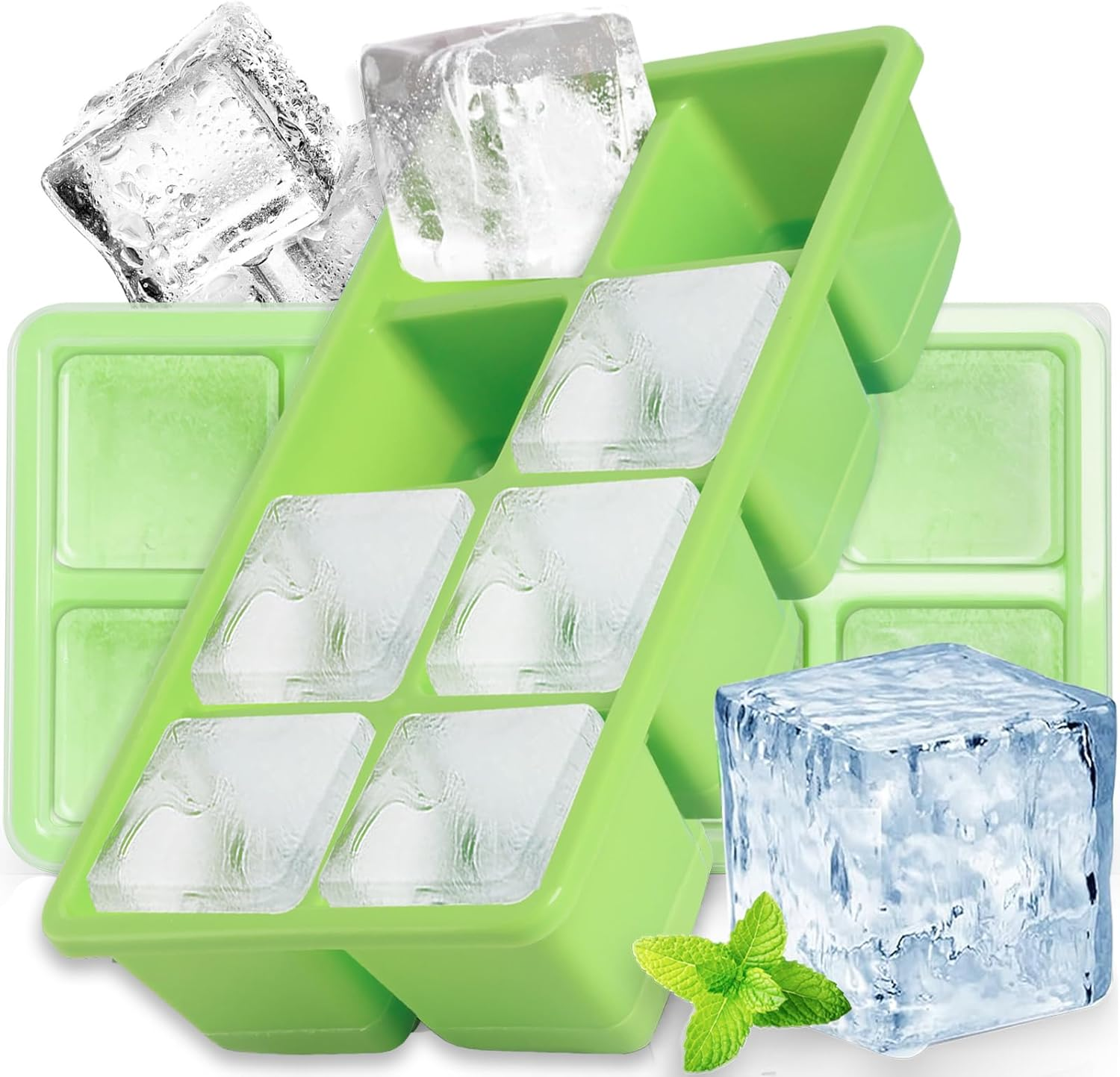 Large Ice Cube Molds 2 Pack,  Silicone Ice Cube Tray for Freezer with Lid, 8 Giant Square Cubes, Easy Release Stackable Ice Molds for Whisky Cocktails