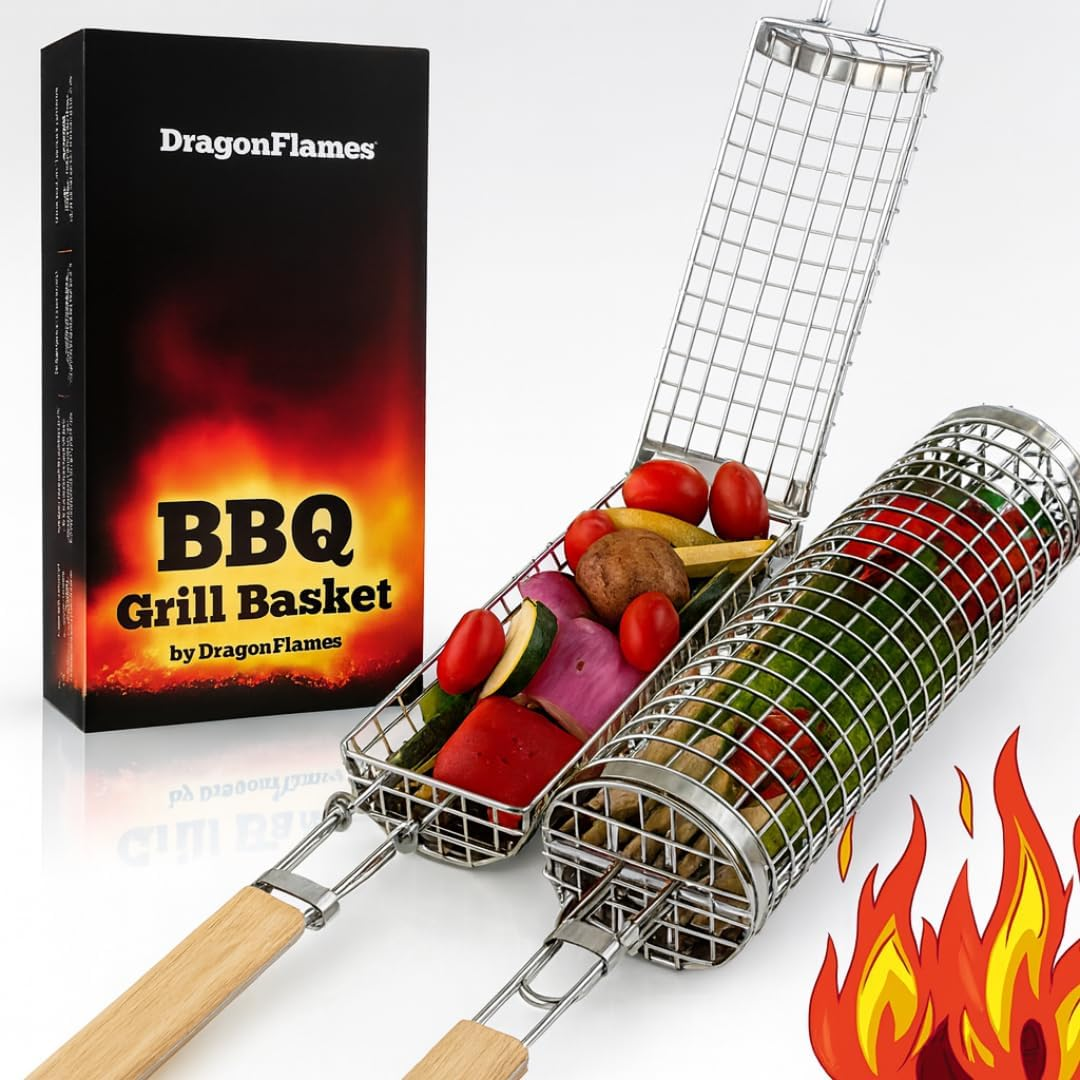 Grill Well 2.0 - Rolling Grill Basket (2 Pcs) for Vegetables, Kebob, Shrimp | BBQ Grilling Accessories for Outdoor Cooking & Camping | Perfect Birthday Day Gift for Men, Step Dad, Grandpa