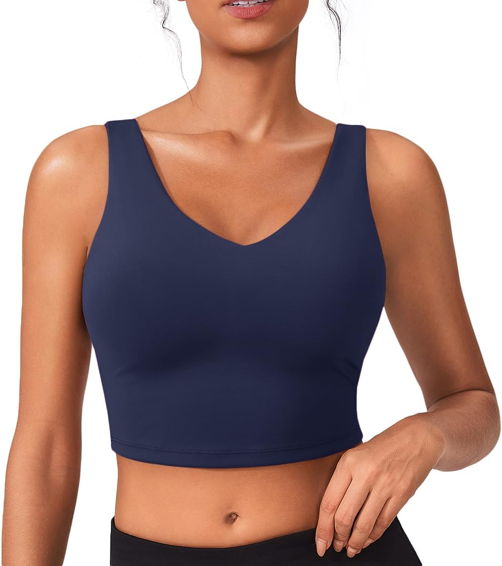 Sports Bras for Women Built in Bras Padded Yoga Bra V Neck Longline Workout Tank Tops with Removable Pads