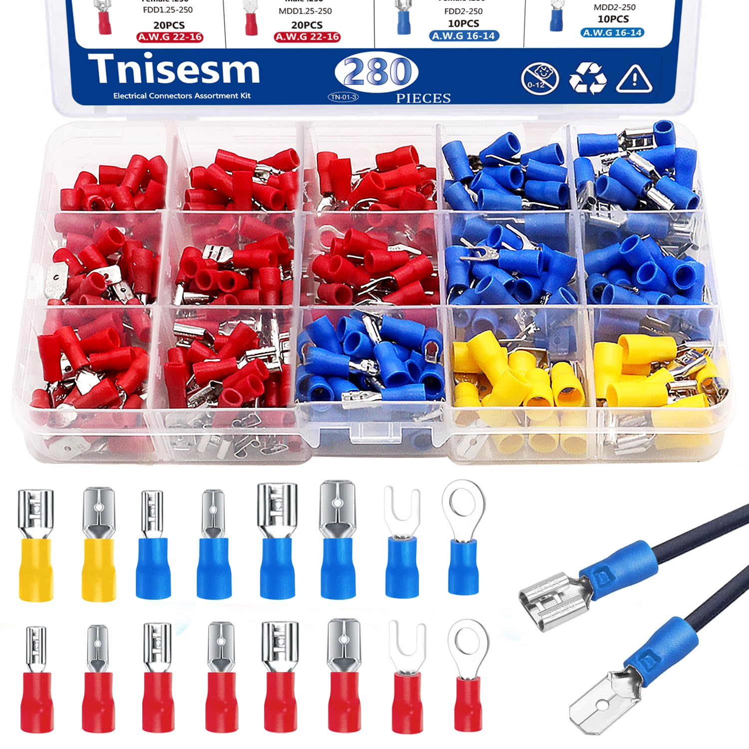 280Pcs Spade Connector,Crimp Connectors 2.8mm 4.8mm 6.3mm Male and Female Spade Connector kit, 16 Types Crimp Terminals Electrical Connectors