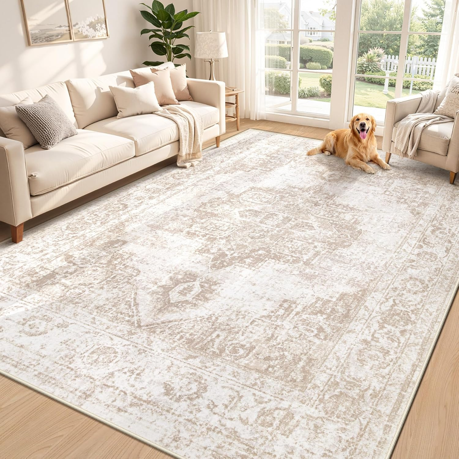 Area Rug 6X9 Vintage Rug: Washable Indoor Medallion Rugs Low Pile Distressed Floor Carpet Retro Accent Rug for Living Room Bedroom Kitchen Dining Table Home Office(Beige, 6'X9')