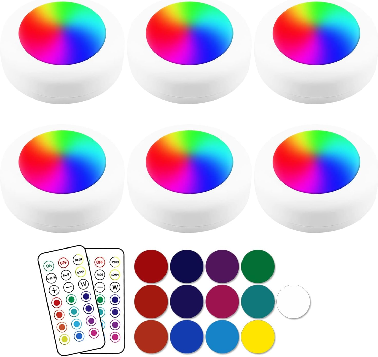 13-Color LED Puck Lights with Remote Control | Wireless Battery-Powered Stick-On under Cabinet Lighting | Dimmable Color Changing Lights with Timer for Kitchen, Closet & Home Decor
