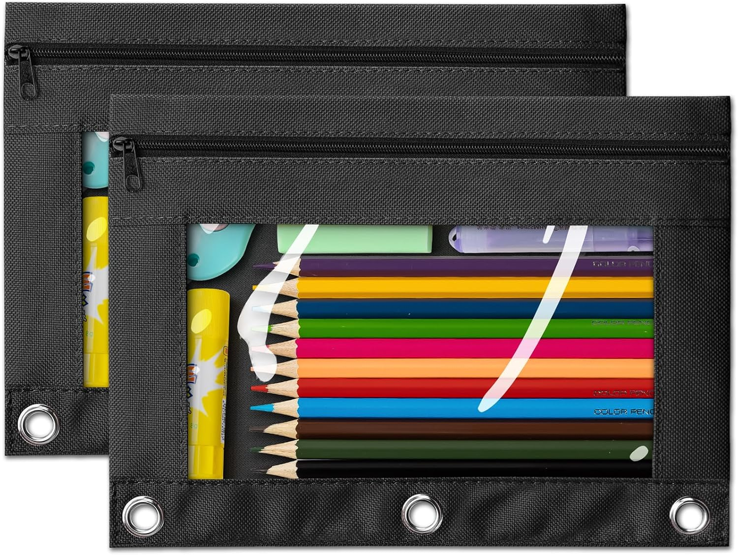 Pencil Pouch for 3 Ring Binder, 2 Pack 3-Holes Zipper Pencil Pouches, Sturdy and Durable Cloth Pencil Case with Clear Window for Office School College Supplies
