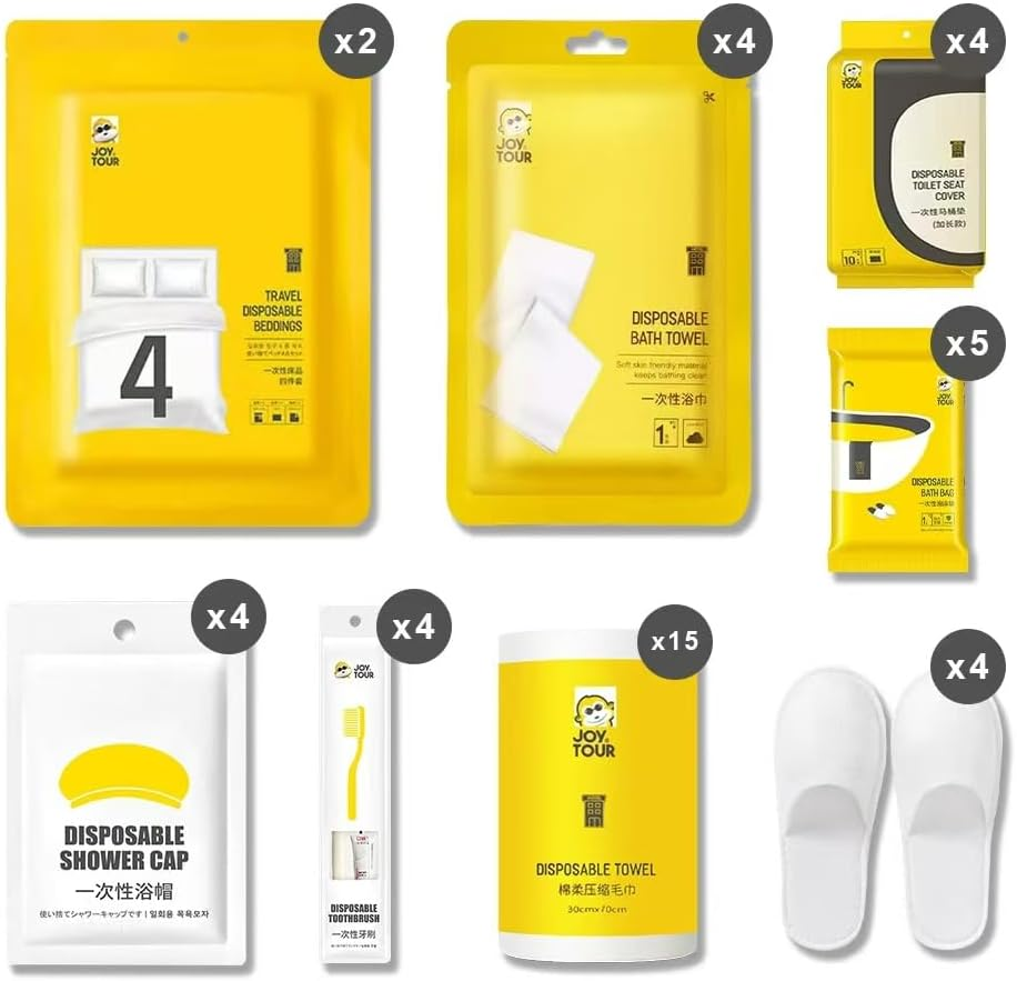 48Pcs Disposable Travel Set: Bed Sheet*2 Duvet Cover*2 Pillow Case*4 Bath Towels*4 Shower Caps*4 Plastic Bathtub Bag*5 Toilet Seat Covers*4 Compression Face Towel*15 Toothbrushes*4 Slippers*4