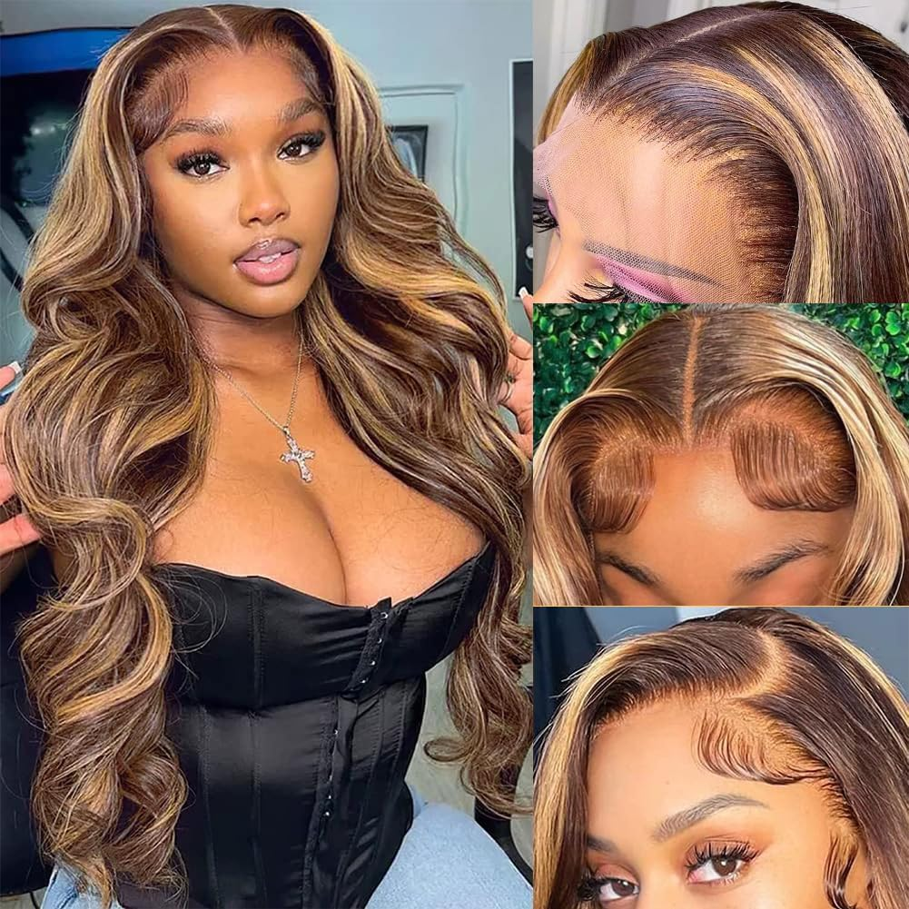 Pizazz 13X4 Ombre Highlight Lace Front Wigs Human Hair with Baby Hair 180 Density 4/27 Honey Blonde Body Wave Frontal Wigs Human Hair 26 Inch