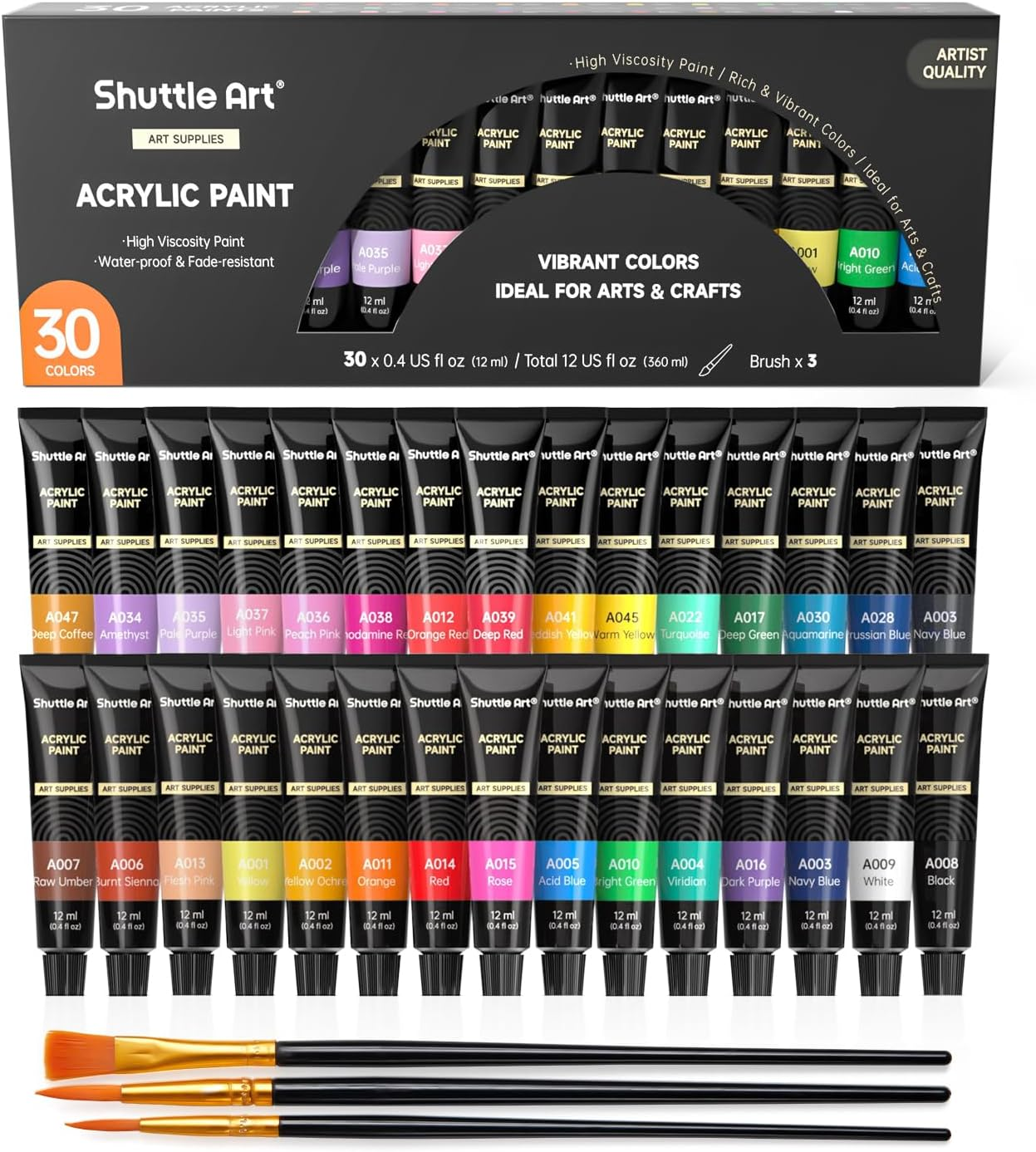 Acrylic Paint Set, 30 X12Ml Tubes Artist Quality Non Toxic Rich Pigments Colors Great for Kids Adults Professional Painting on Rocks Canvas Wood Clay Fabric Ceramic Crafts