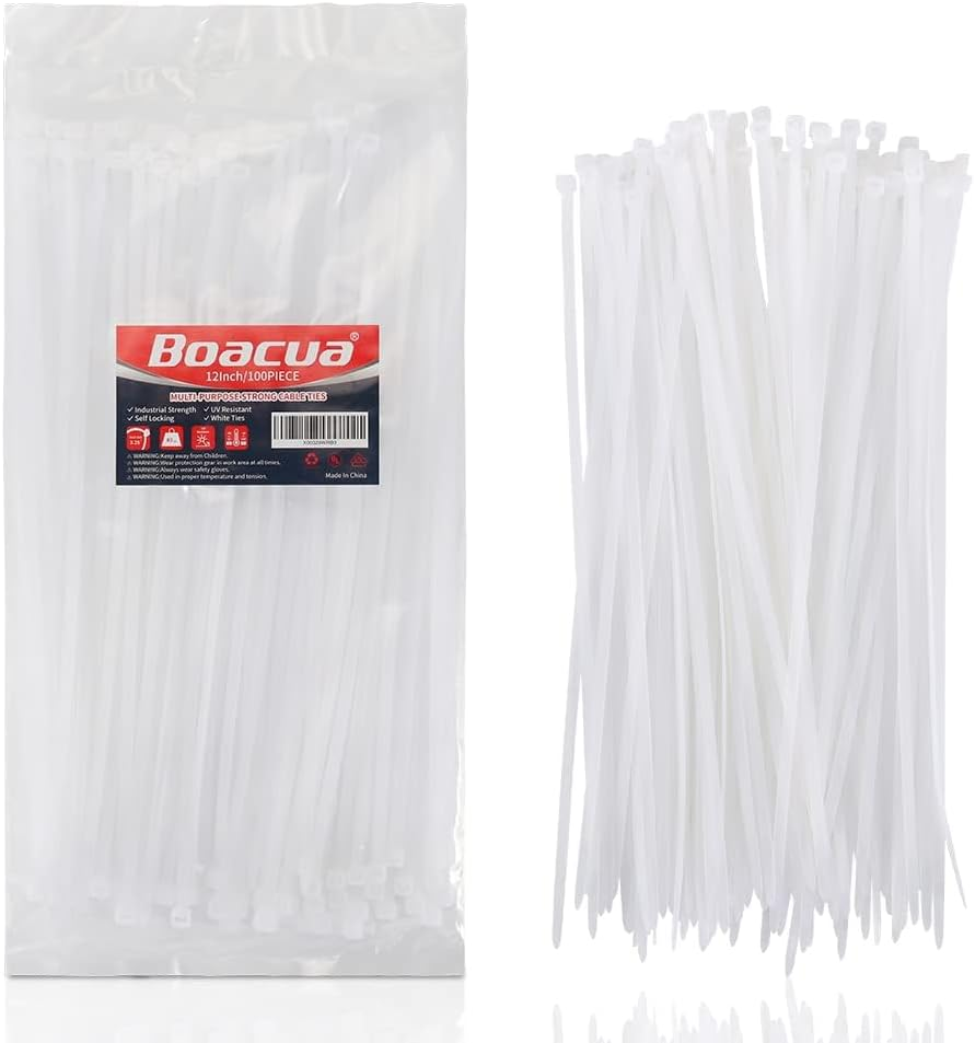12 Inch Zip Cable Ties (100 Pieces), Self-Locking Premium Nylon Cable Wire Ties,Heavy Duty White, for Indoor and Outdoor by