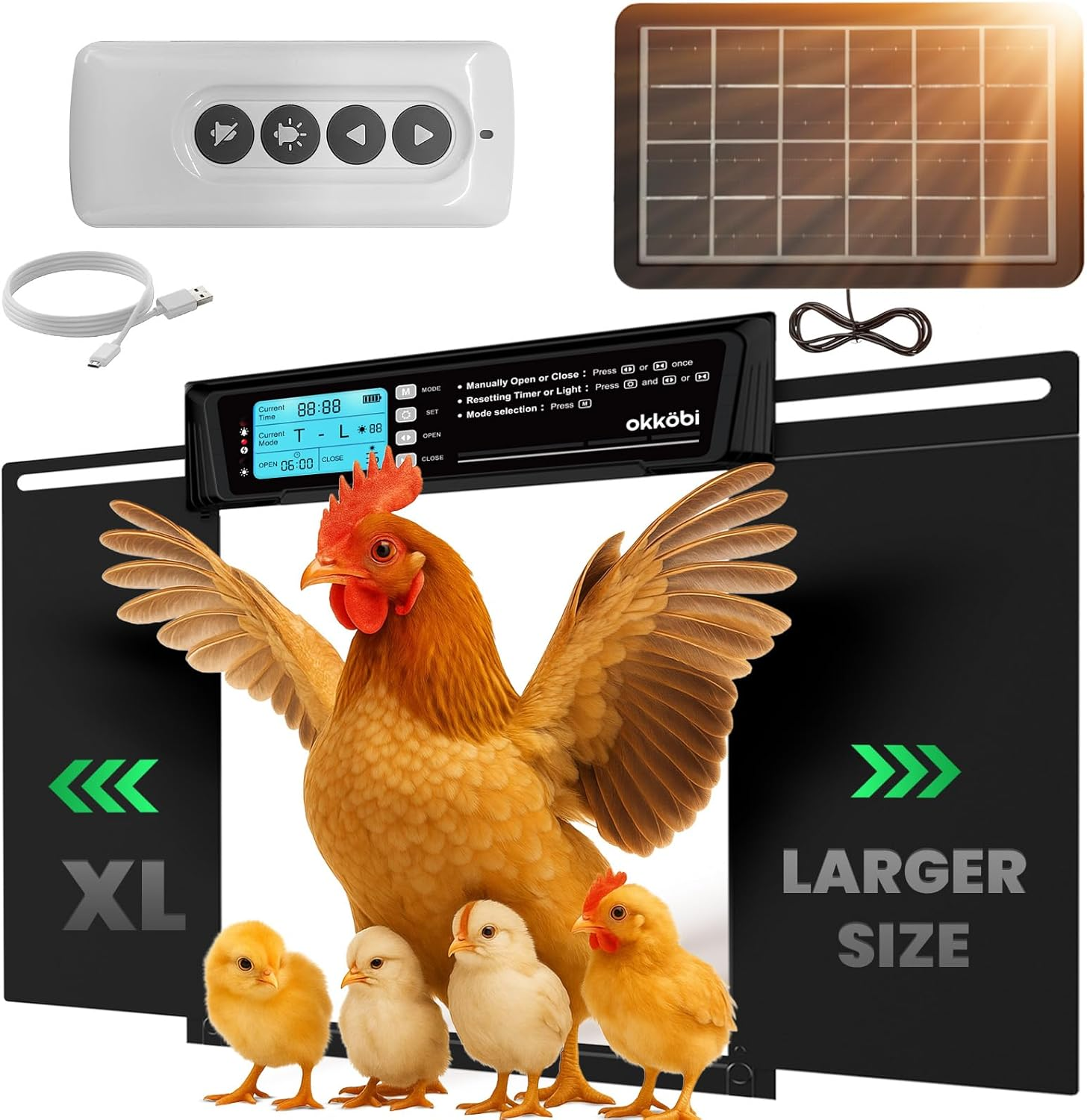 Extra Large Automatic Chicken Coop Door Solar Powered with Remote - LCD Display, Light Sensor, Timer & Anti-Pinch Function – 11.3" X 8.7" Door Opening – 5-Year Protection – Black – by