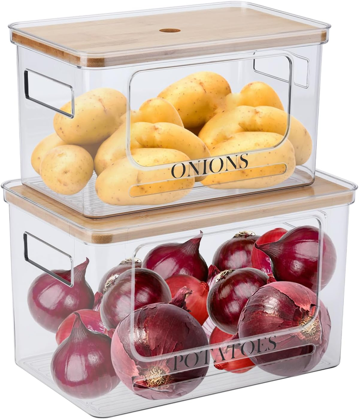 Potato and Onion Storage Bin Set,Clear Stackable Fruit and Vegetable Storage Box with Lid&Handle,Onion Potato Holder Storage Containers,Turdy and Durable Storage Basket for Garlic, Produc