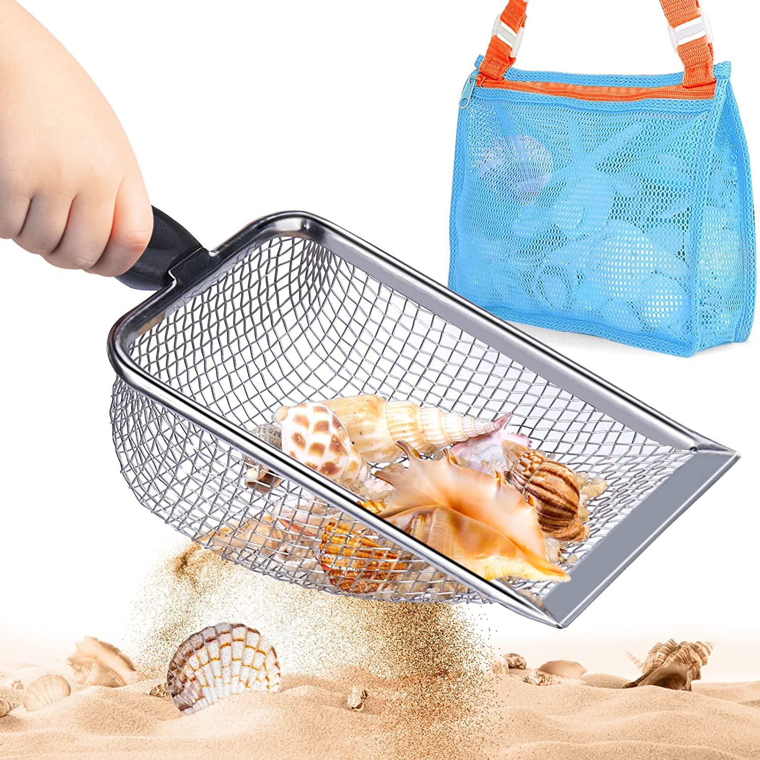 Beach Mesh Shovel with Mesh Beach Bag for Shell Collecting, Kids Filter Sand Scooper for Picking up Shells, Shark Tooth Sifter Dipper for Boys and Girls, Toy