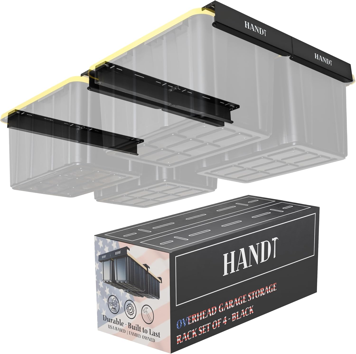 Overhead Garage Storage Rack, Ceiling Racks, Bin Organization System, Heavy Duty Metal Rack for Container, Supports Most Bins (Black, 4 Sets)