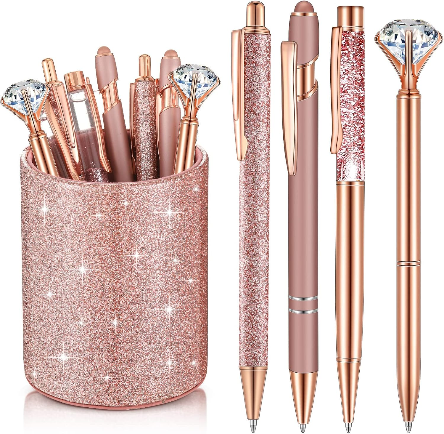 8 Pcs Rose Gold Pens with Pen Holder for Desk Glitter Crystal Diamond Cute Ballpoint Fancy Pencil Holder Bling Desk Organizer for Women Girls Gifts School Office Valentine Supplies