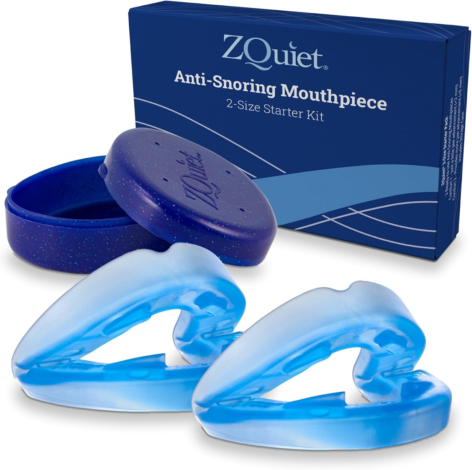 , Anti-Snoring Mouthpiece, Starter Pack with 2 Sizes, Living Hinge & Open Front Design for Comfort & Easy Breathing, Blue