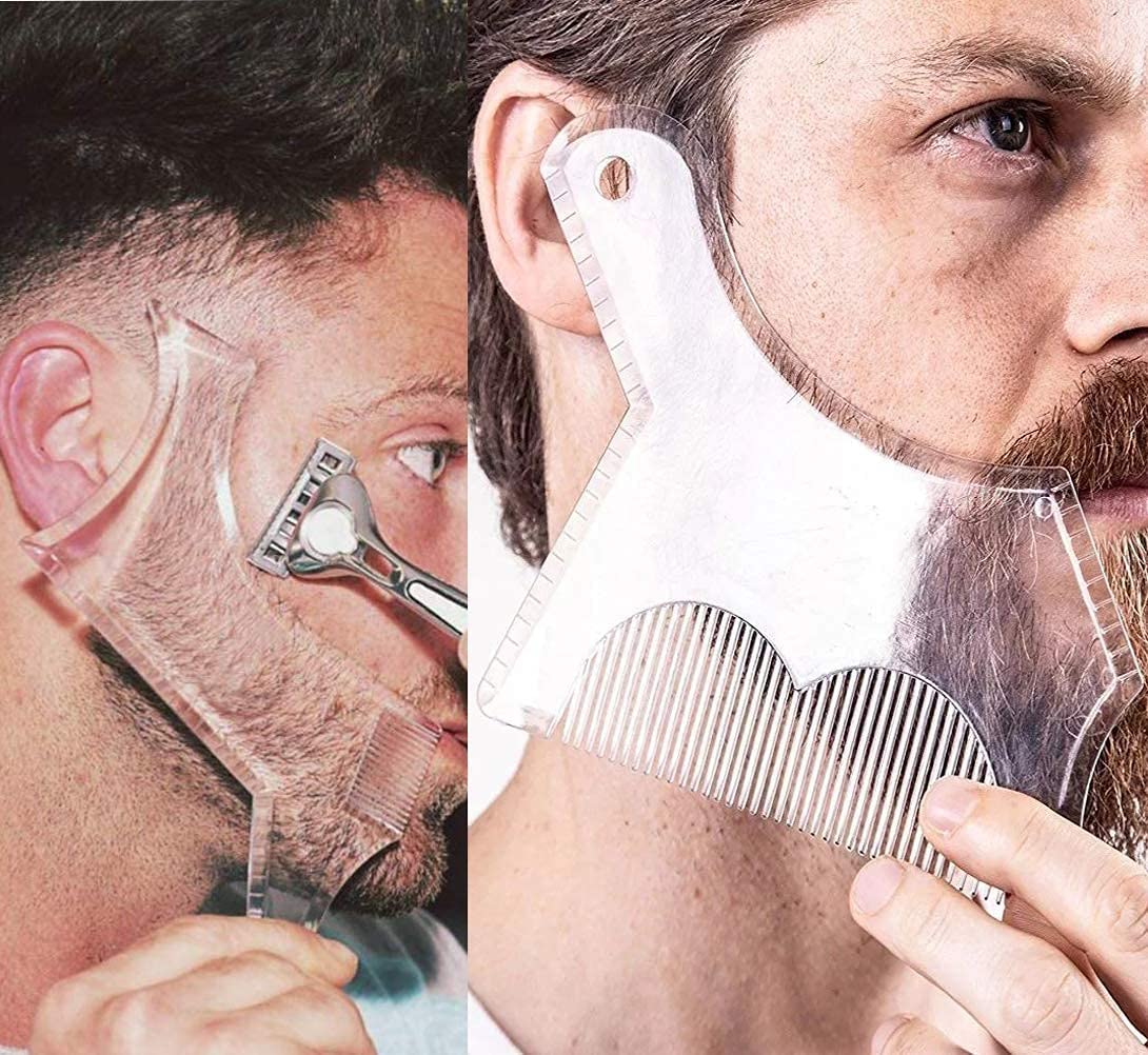 2PCS Men'S Beard Shaping Tool Template, Beard Guide Shaper with Inbuilt Comb, Multi-Liner Edges Shave for Curve/Straight/Neckline/Goatee/Sideburns (Clear-2Pcs)
