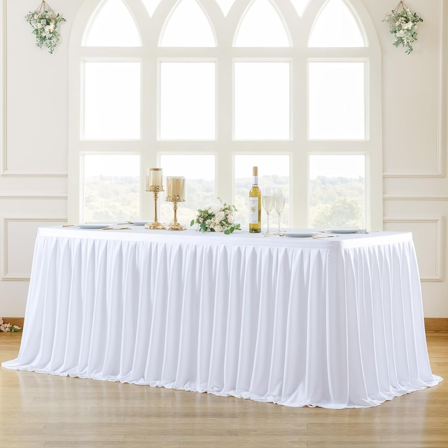 White Polyester Table Cloth for Rectangle Tables 6F, Wrinkle Resistant Pleated Ruffle Table Cloth for Birthday Party Banquet Wedding Baby Shower