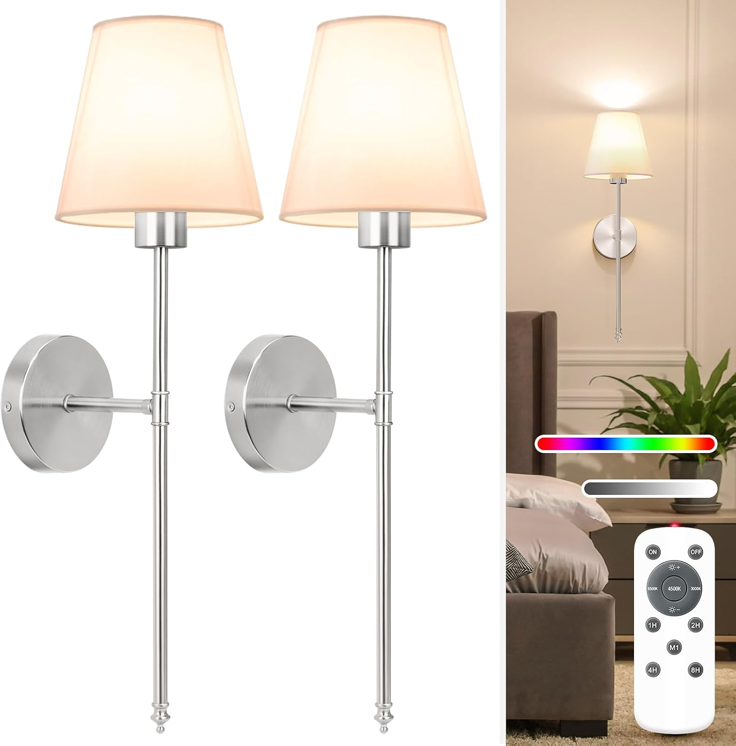 Battery Operated Wall Sconce Set of 2,Brushed Nickel Rechargeable Wall Lights with 5200Mah Dimmable Detachable Bulbs and Remote, 10 Colors Wireless Sconces for Bedroom Living Room Hallway
