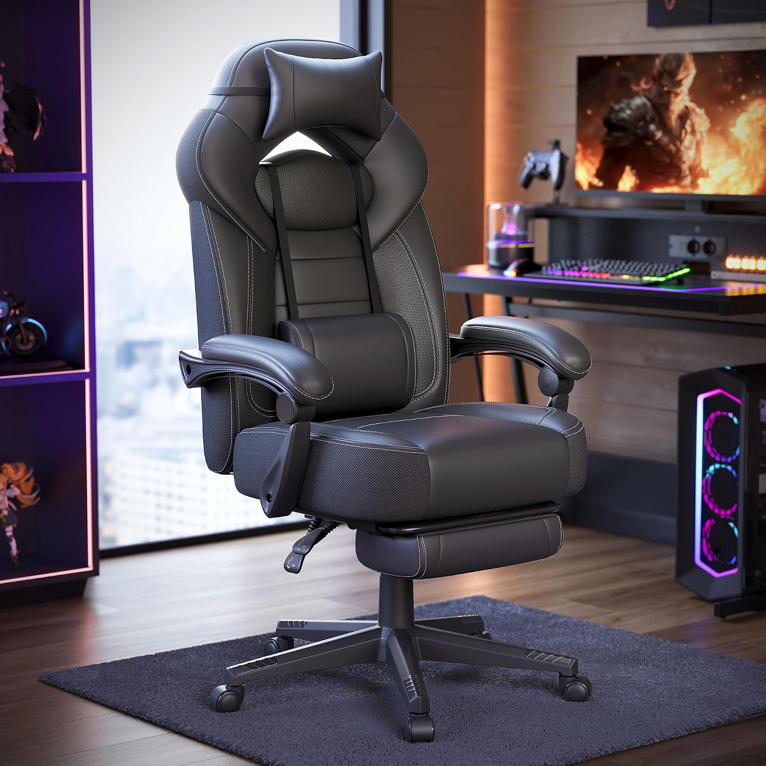 Gaming Chair, Office Racing Chair with Footrest, Desk Chair, Ergonomic Design, Adjustable Headrest, Lumbar Support, 150 Kg Load Capacity, Black OBG077B11