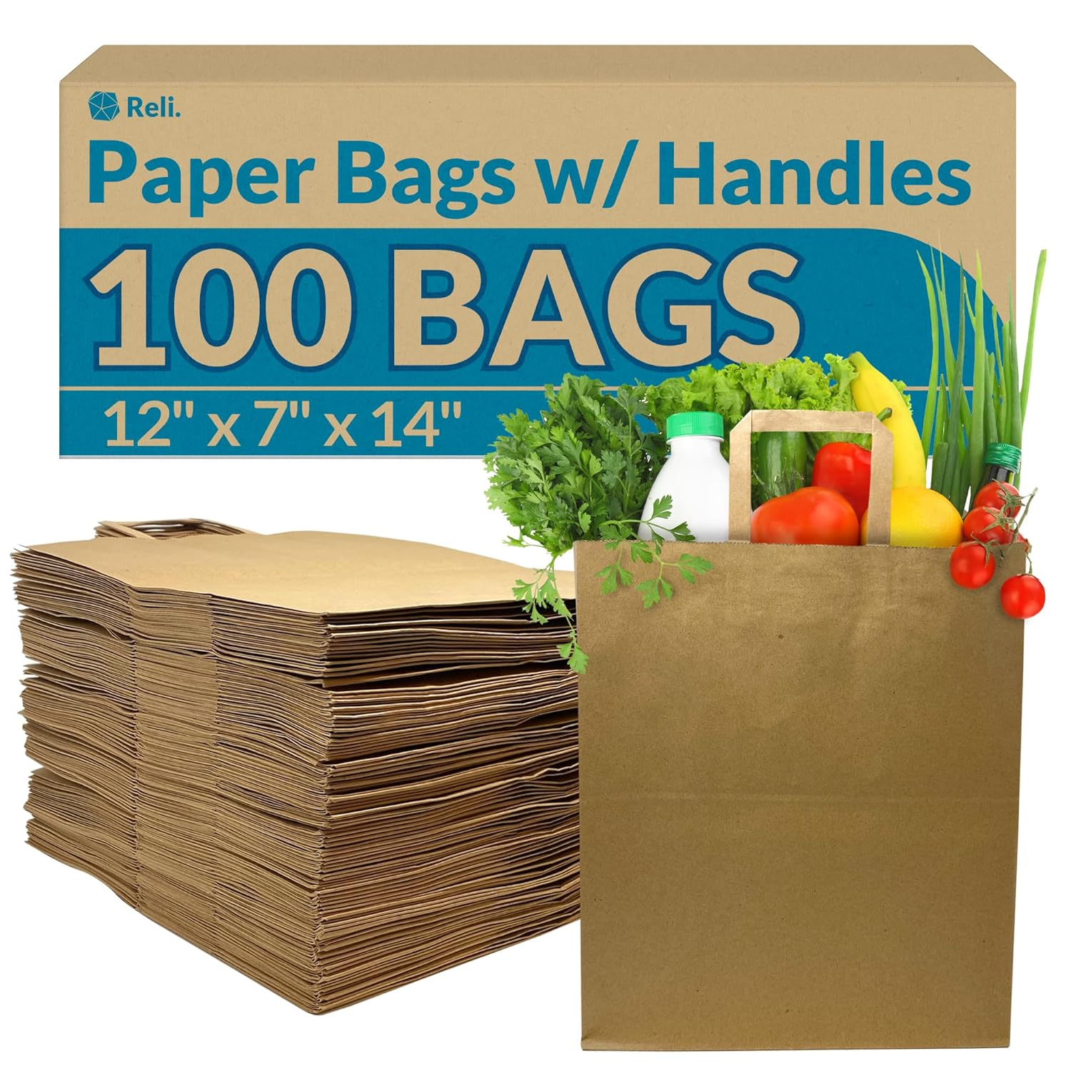 100 Pack Large Kraft Paper Grocery Bags 12x7x14in Heavy Duty with Handles