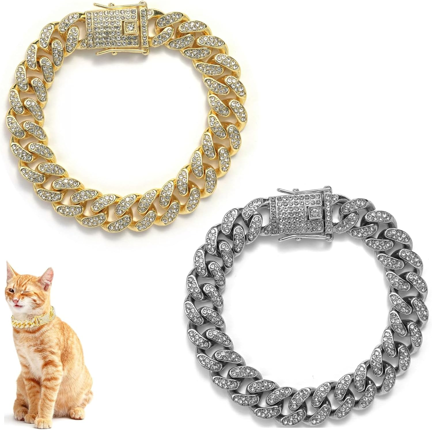 2 Pcs Diamond Cuban Link Kitten Walking Collar with Secure Buckle Pet Rhinestones Necklace Metal Chain Jewelry Accessories for Cats Dogs Kittens Puppies, Gold and Slivery (11Inch)