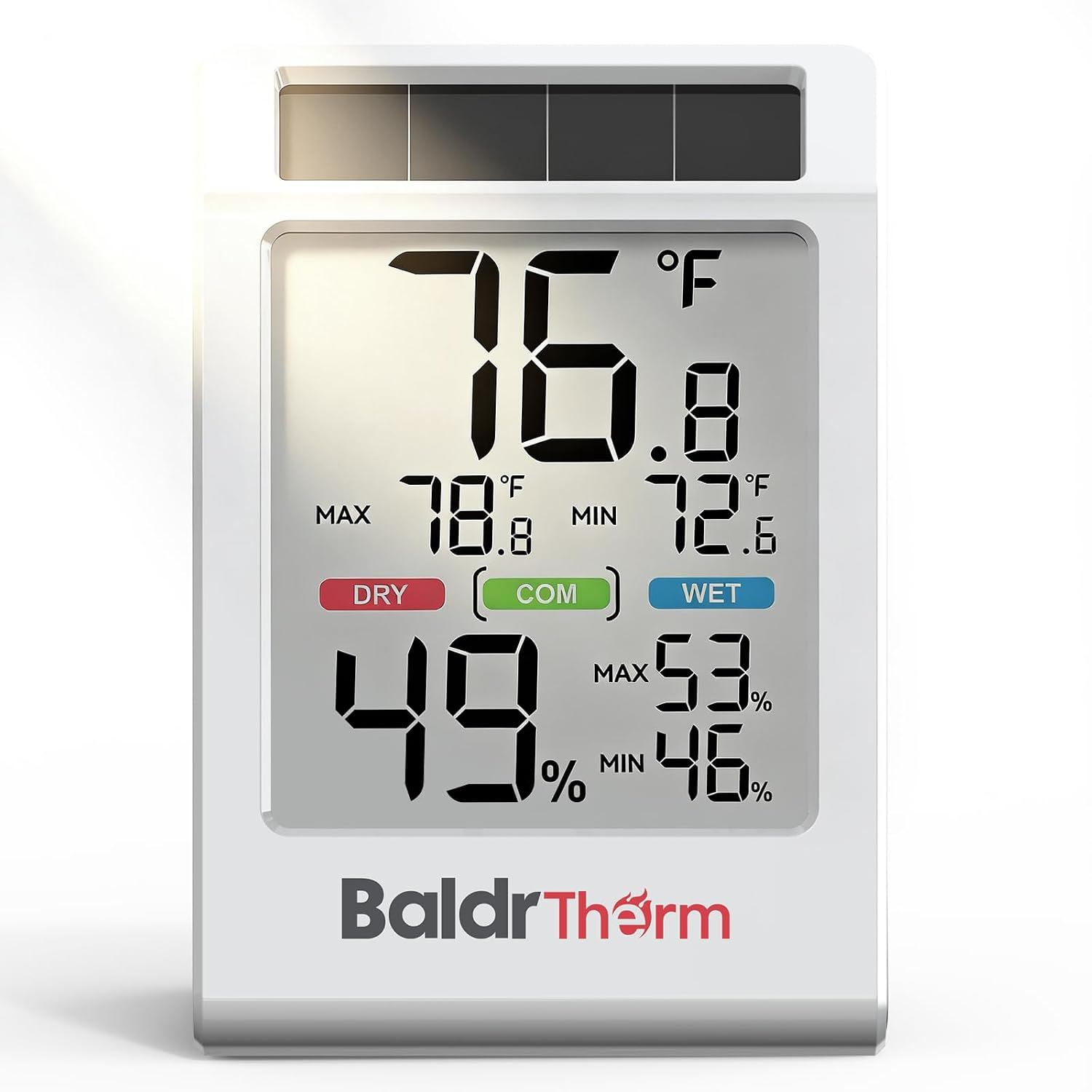 BALDR Solar Indoor Thermometer Hygrometer, Max/Min, Comfort Meter (White)