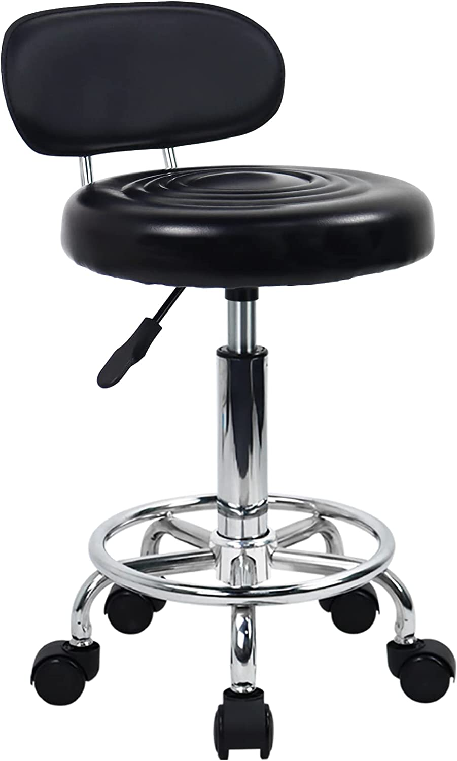 PU Leather Modern Rolling Stool with Low Back Height Adjustable Work Salon Drafting Swivel Task Chair with Footrest (Black)