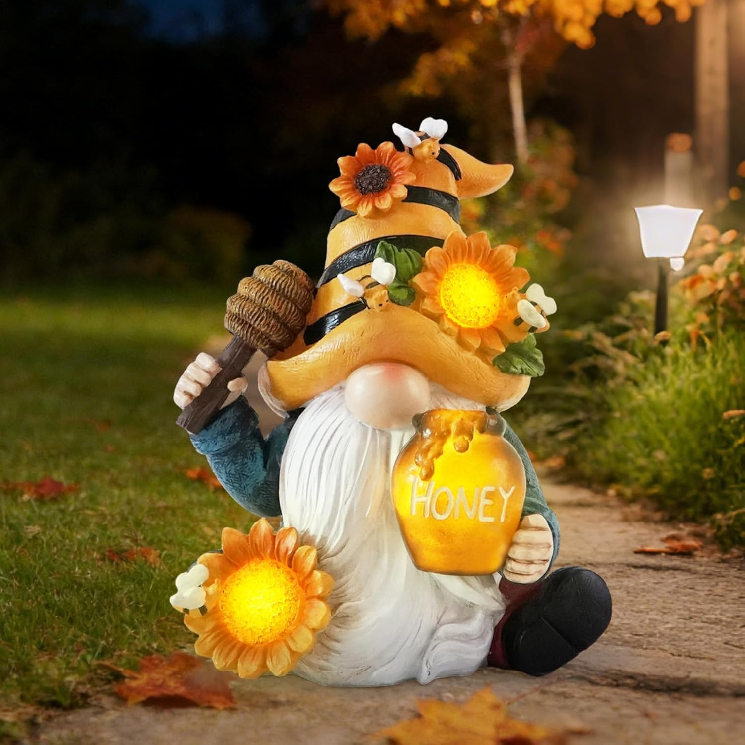 Bee Gnome Solar Garden Statue Outdoor Decor, Resin Gnome with Sunflower and Honey Jar, Solar Powered Lighted Yard Lawn Patio Porch Decoration, Waterproof Yard Art