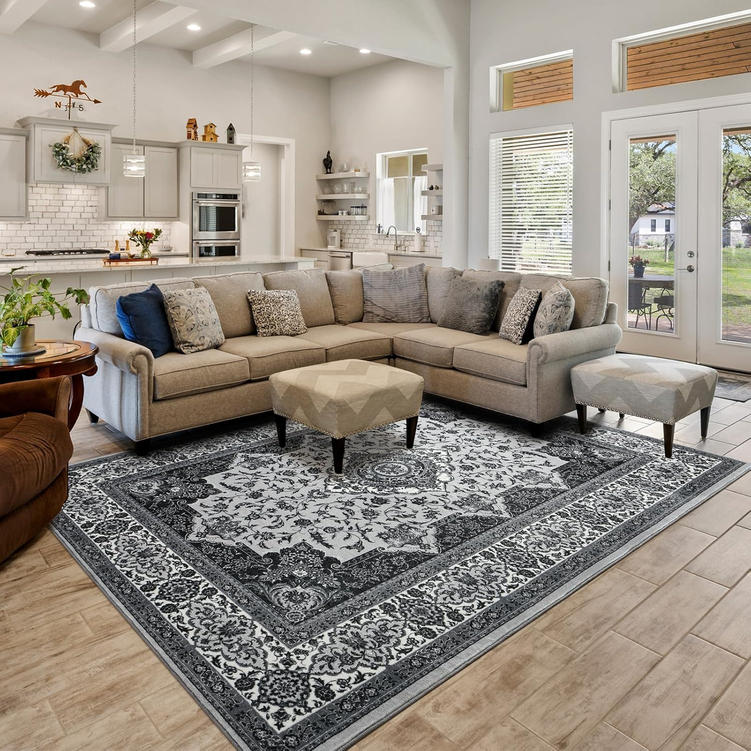 Area Rug for Living Room, Machine Washable Grey Rugs for Bedroom, 4X6Ft Non-Slip Vintage Carpet for Office Dining Room Entryway Hallway