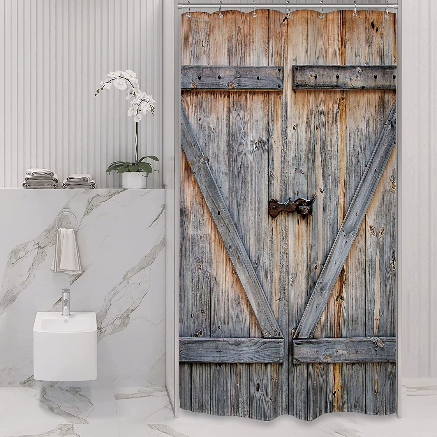 Riyidecor Small Rustic Stall Barn Door Shower Curtain 36Wx72H Farmhouse Wooden Vintage Wood Plank Country Old Garage Barnwood Decor Fabric Polyester Waterproof 7 Pack Plastic Hooks WW-YMDV