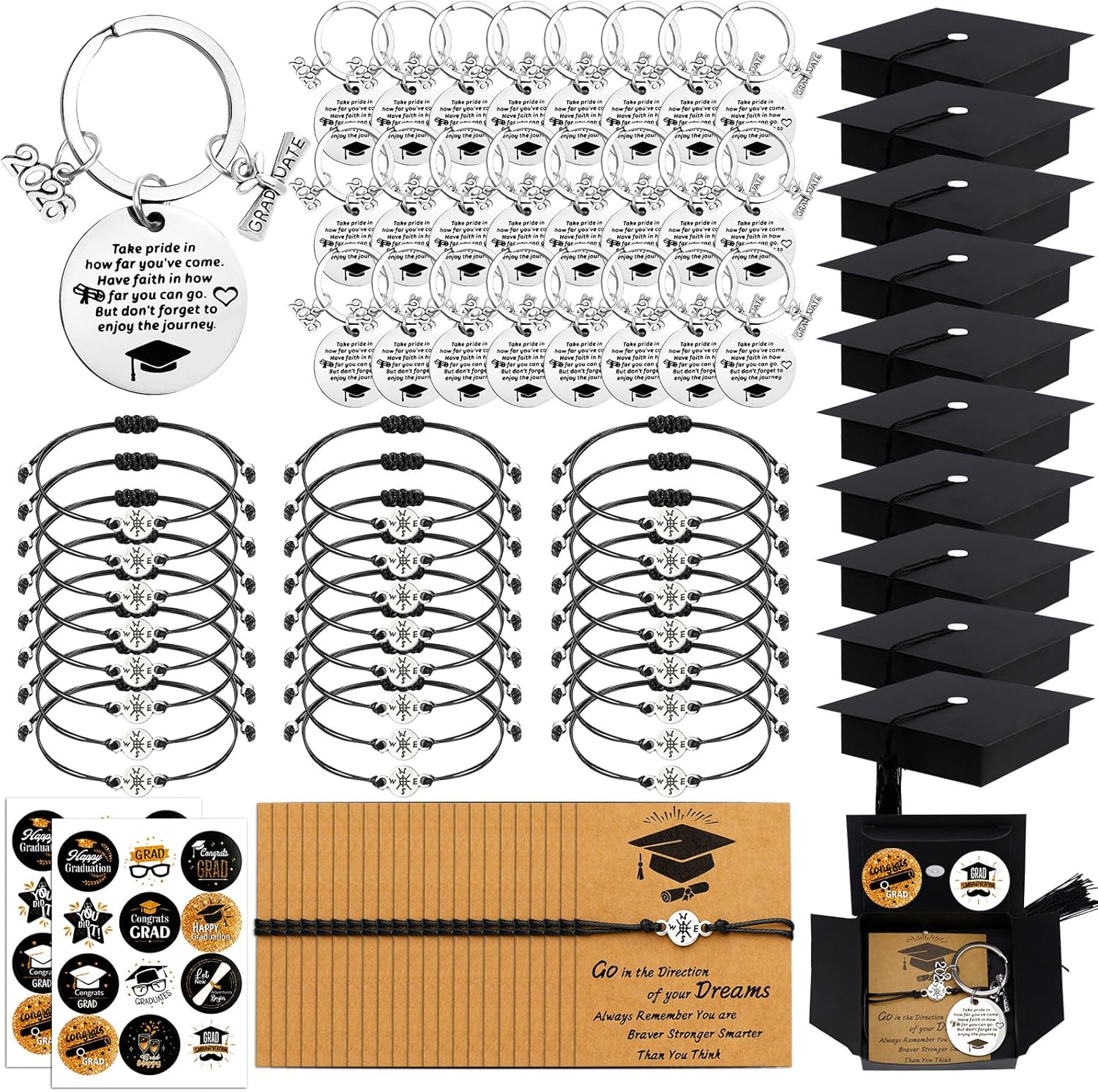 78 Pcs 2026 Graduation Gifts Bulk Graduation Compass Bracelets with Grad Keychains and Stickers Set in Cap Gift Boxes Graduation Party Favors for Class of 2026