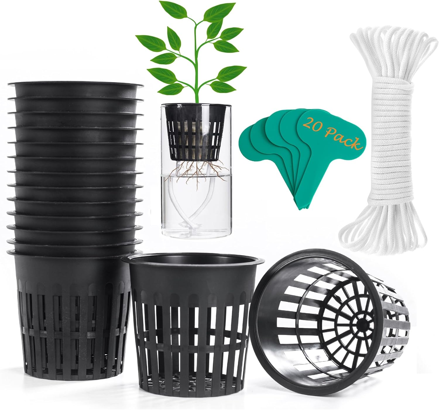 4 Inch 20 Pack Net Cup Pots, with 20 Feet Self-Watering Rope, 20 Plant Labels, for Hydroponic Aquaponics Kratky Orchid Vegetable Indoor Outdoor Growing Baskets Nursery Slotted Mesh BPA Free