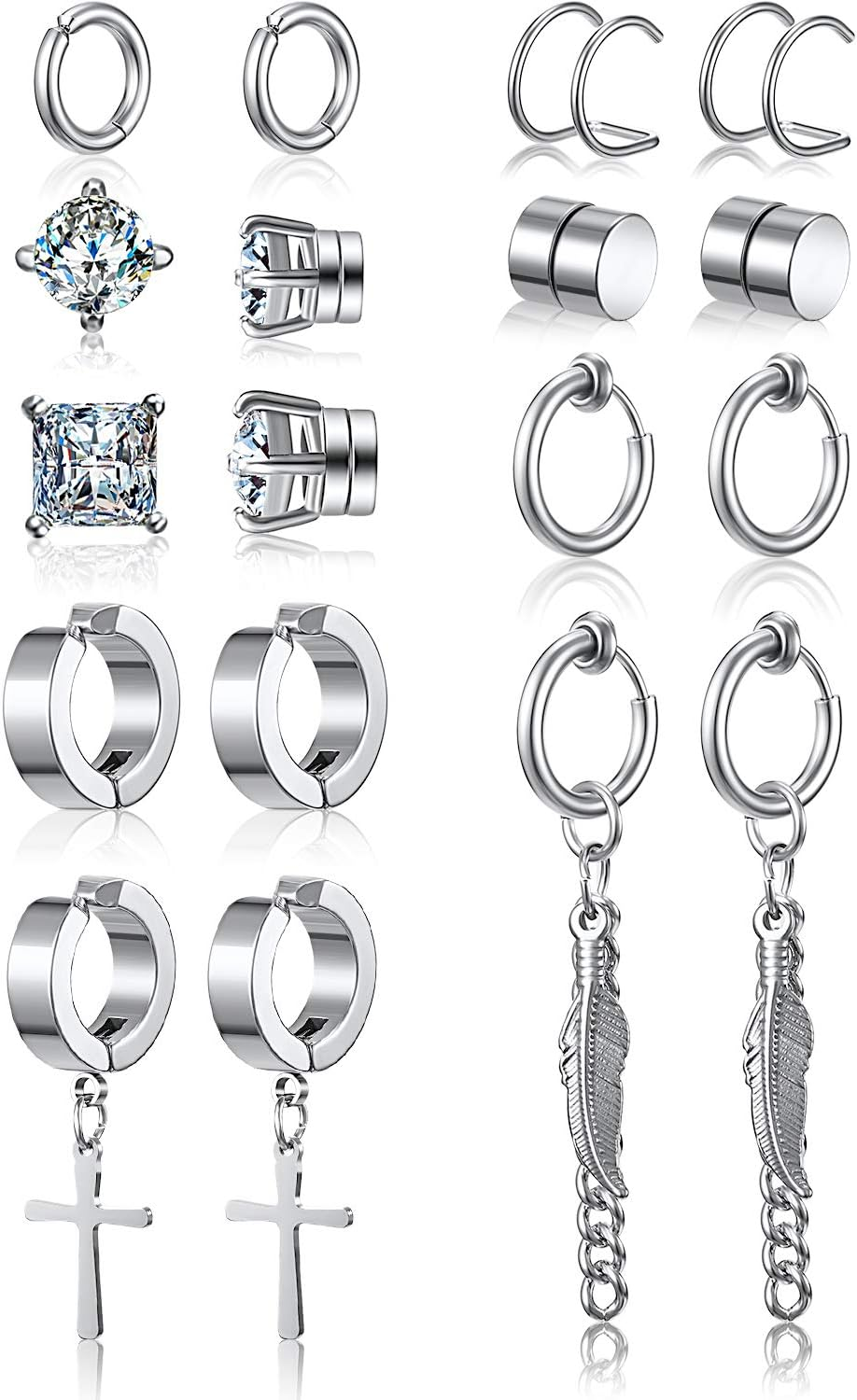 9 pares de pendientes magnéticos sin perforar de acero inoxidable plateado