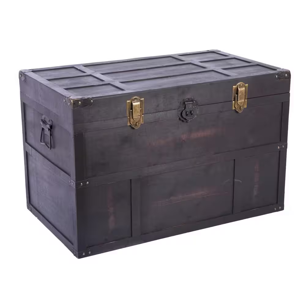 Antique Style Large Dark Wooden Storage Trunk with Lockable Latch