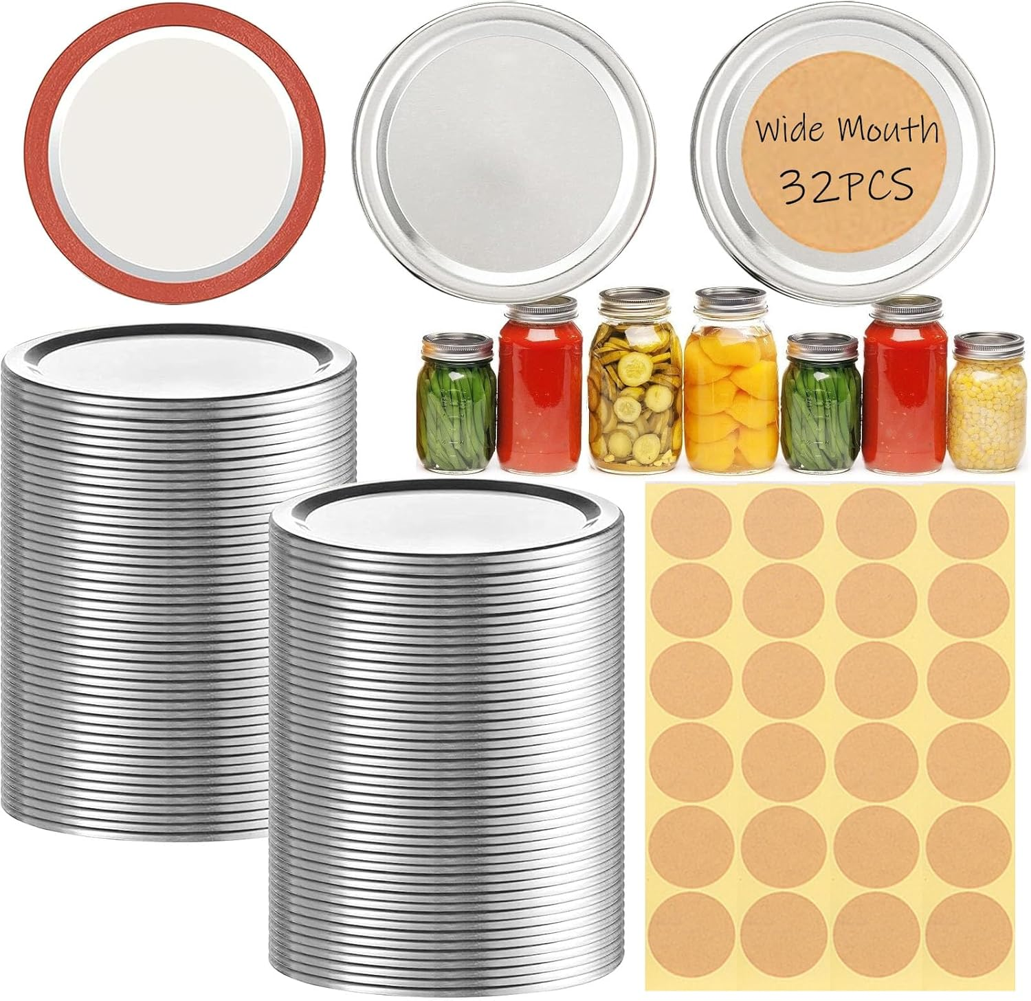 32Pcs Rust-Proof Canning Lids Wide Mouth, Wide Mouth Mason Jar Lids for Ball or Kerr, Large Mouth Mason Jars Lids