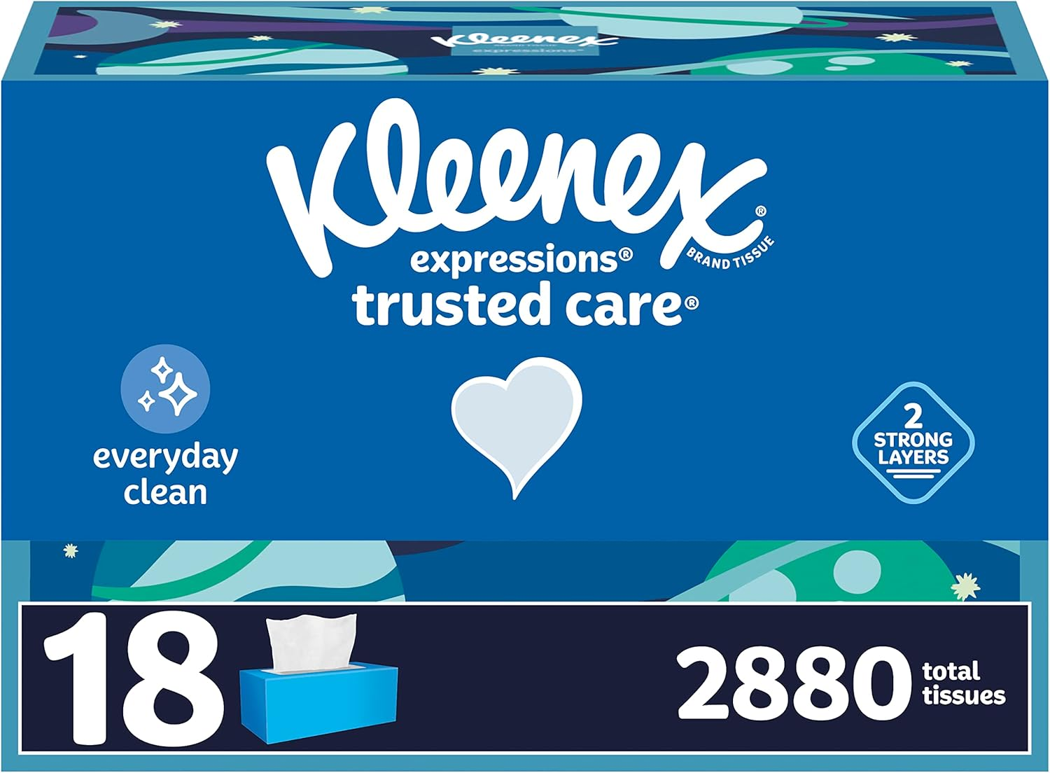 Kleenex Expressions Trusted Care Facial Tissues, 18 Flat Boxes, 160 Tissues per Box, 2-Ply (2,880 Total Tissues), Packaging May Vary