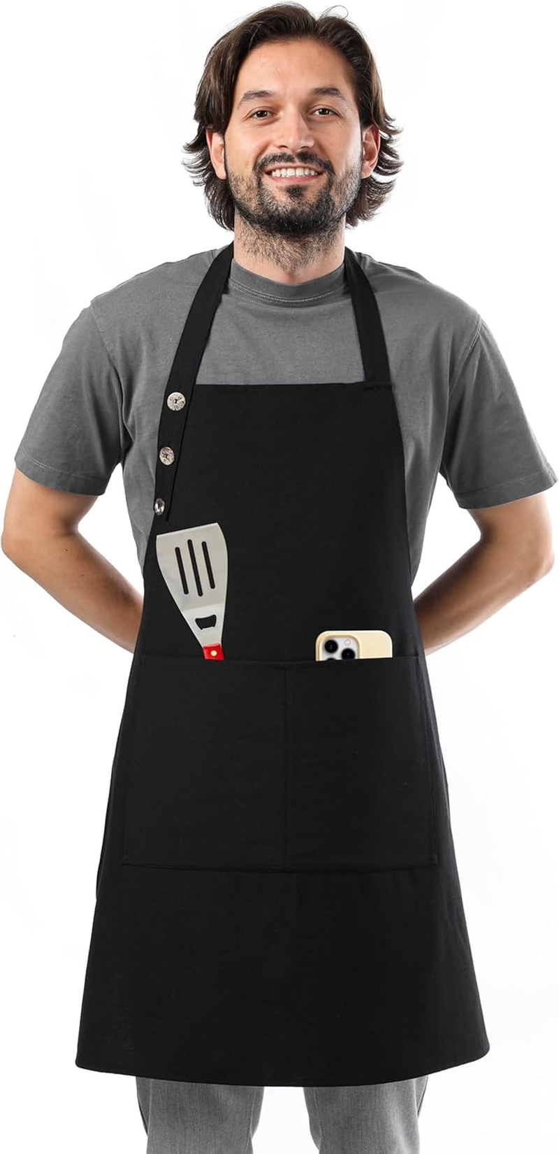 Kitchen Apron Waterdrop Resistant Cotton Apron with adjustable Aprons for Women with Pockets 10 Color option Cooking Black Apron (Black)