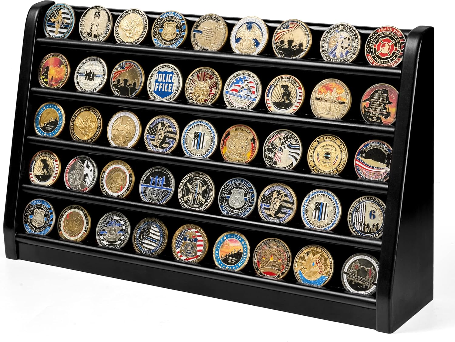 Challenge Coin Display Case, 5 Row Military Coin Wooden 5 Rows Black Finish