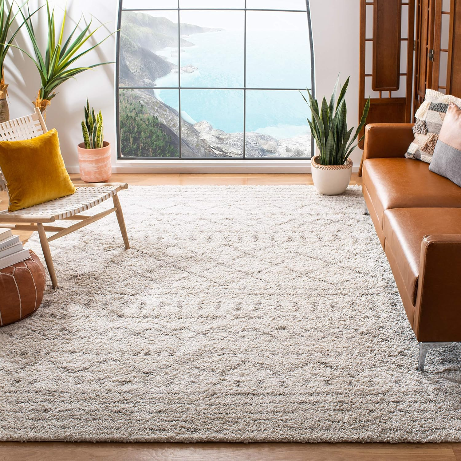 SAFAVIEH Area Rug 8X10 - Arizona Shag Collection - Large - Ivory & Beige, Moroccan Boho Design, Non-Shedding & Easy to Clean, Ideal for Living Room, Bedroom, Dining Space (ASG741A)