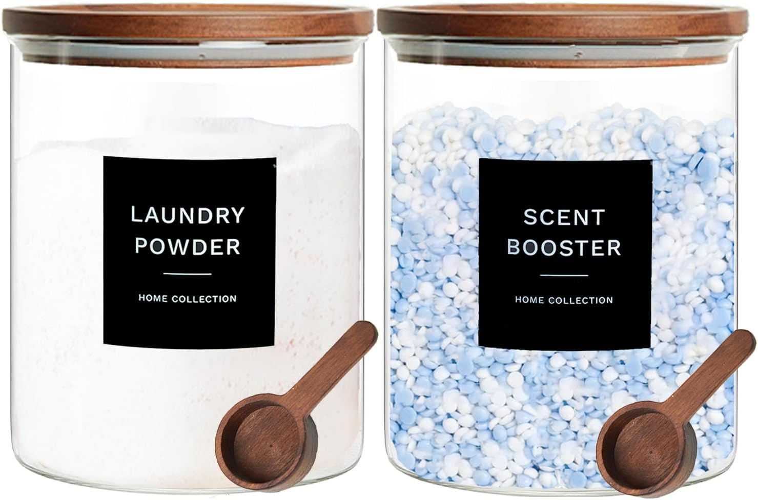 Glass Laundry Storage Containers with Acacia Lids and Scoops, 2 Pack Laundry Room Organization Jars with Labels, Powder Detergent Organizer and Laundry Pod Holder, Glass Laundry Beads Canisters Set