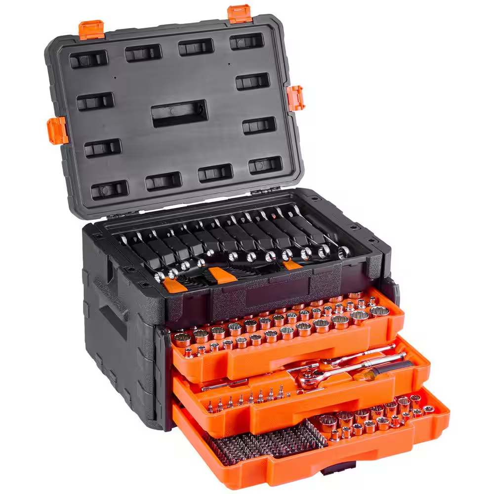 Mechanics Tool & Socket Set, 450 Pcs, 1/4,3/8 and 1/2 In. Drive SAE & Metric, Deep/Standard Sockets, Case with Drawer