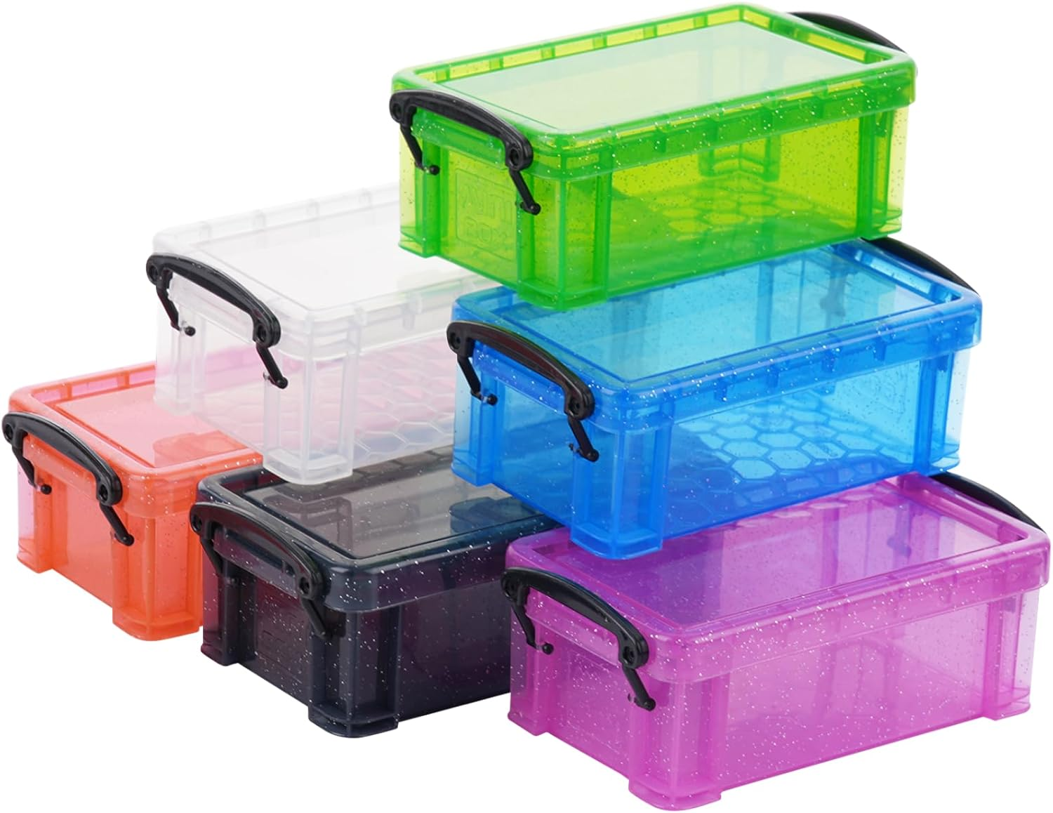 Mini Plastic Storage Containers with Locking Lids, 6 PCS Small Plastic Box 5.4'' x 3'' x 2'' Clear Assorted Color Boxes Organizer Arts and Crafts Organizer Bins Stackable Tool Storage Box
