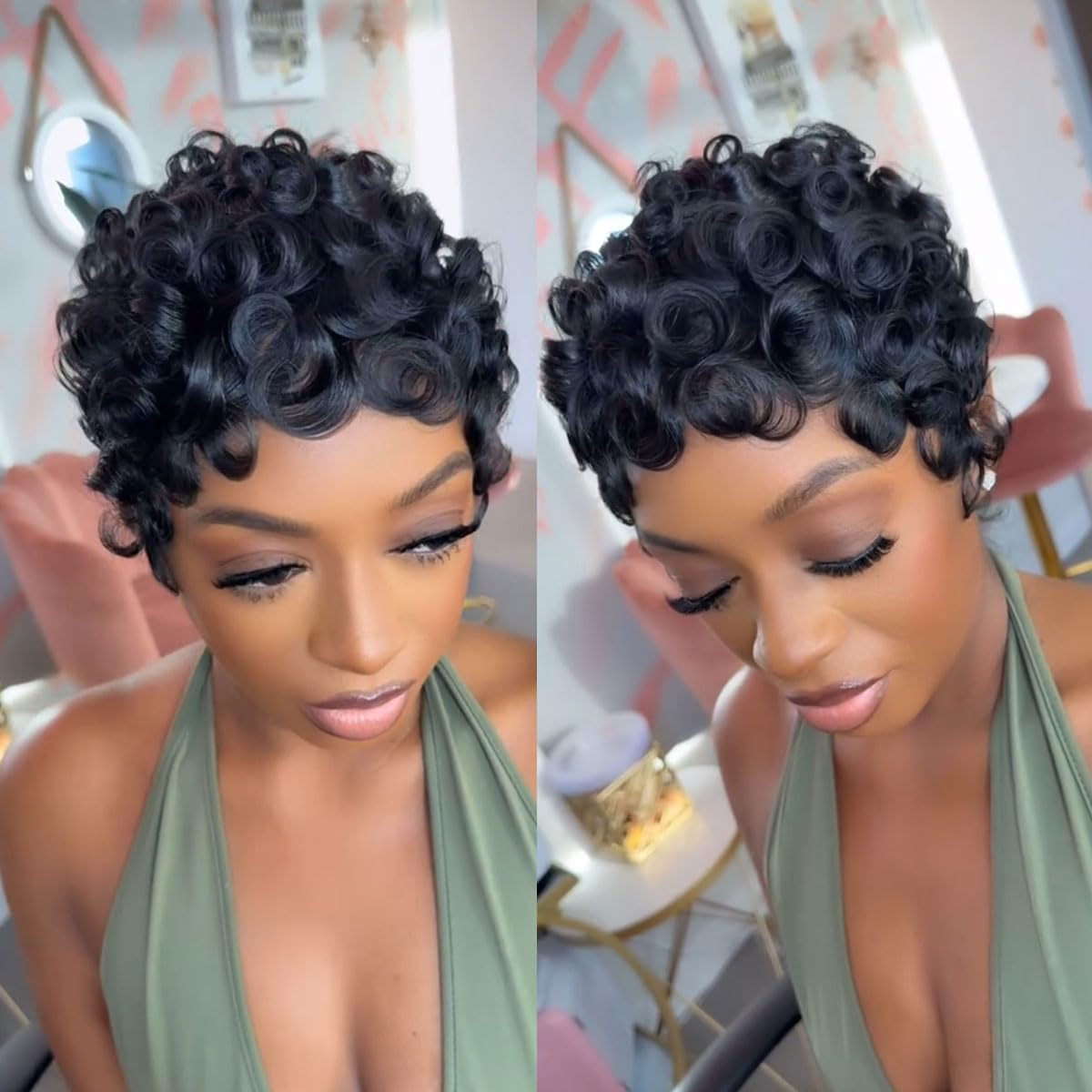 Human Hair Pixie Wig with Bangs Glueless Short Wavy Bob Hair Replacement RUWISS Pixie Cut Human Hair Wig with Bangs - Short Black  main image 4