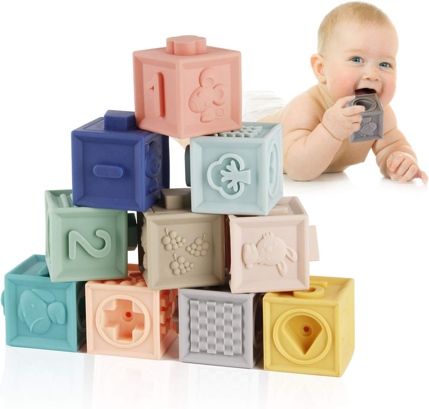 Baby Blocks Soft Building Blocks Baby Toys Teethers Toy Educational Squeeze Play with Numbers Animals Shapes Textures 6 Months and up 12PCS
