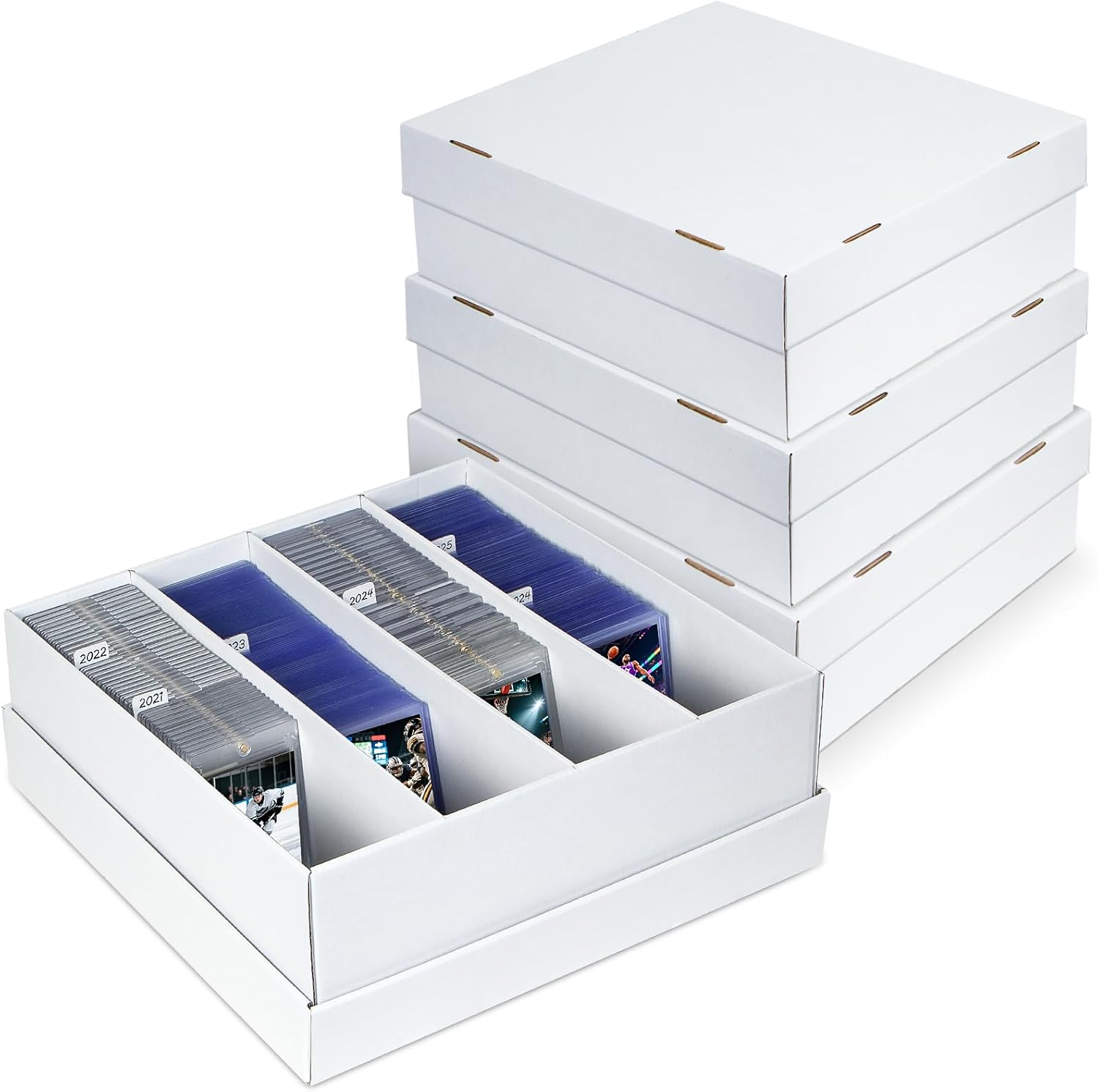 4 Pack Trading Card Storage Box - Holds 640 Top Loaders & 176 One Touch - Cardboard Case with Dividers for Sport Cards (4 Rows)