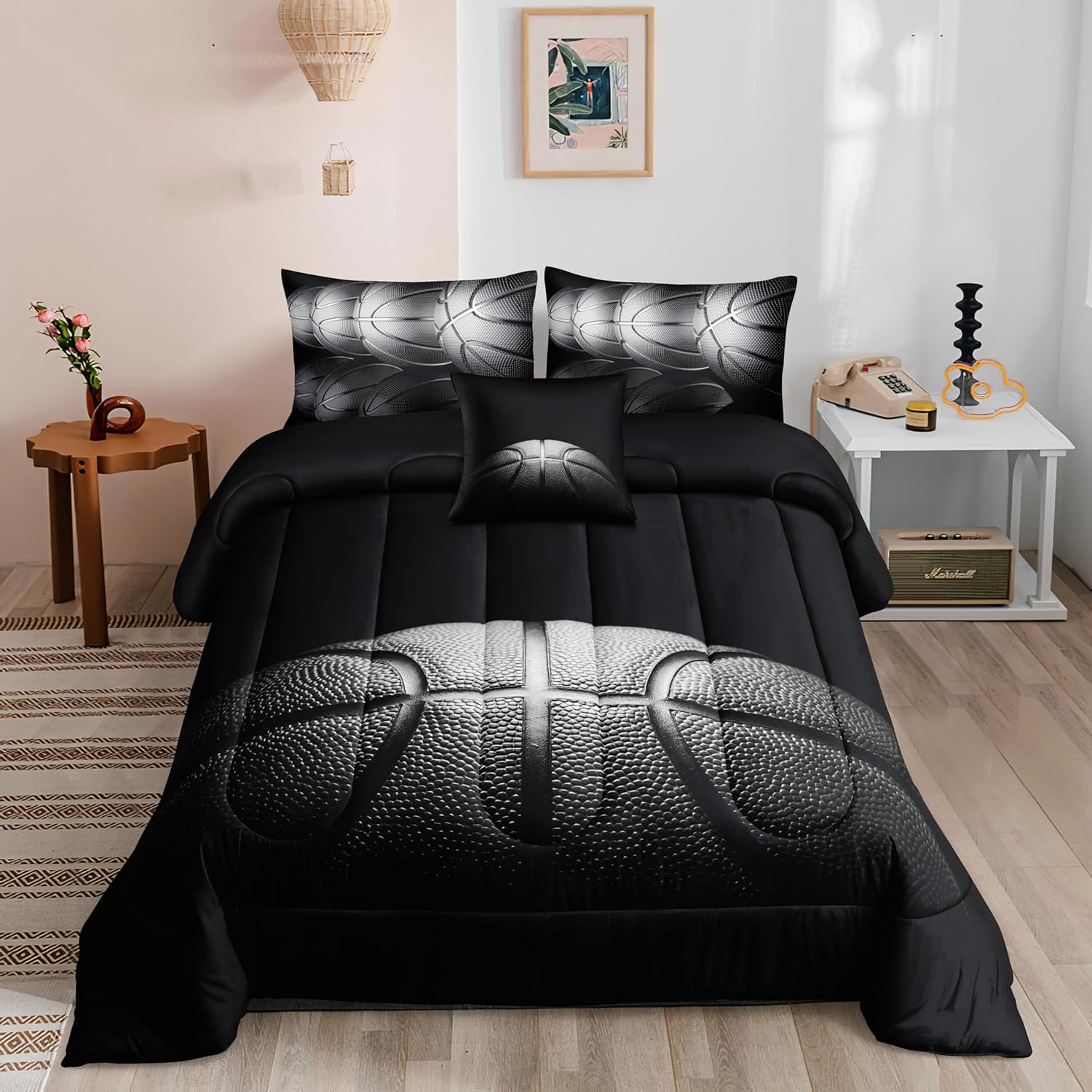 6 PCS Basketball Queen Comforter Sets,Basketball Bedding Set for Boys,Sports Comforter Set,Queen Size Bedding Sets for Boys,Bed in a Bag with Sheets