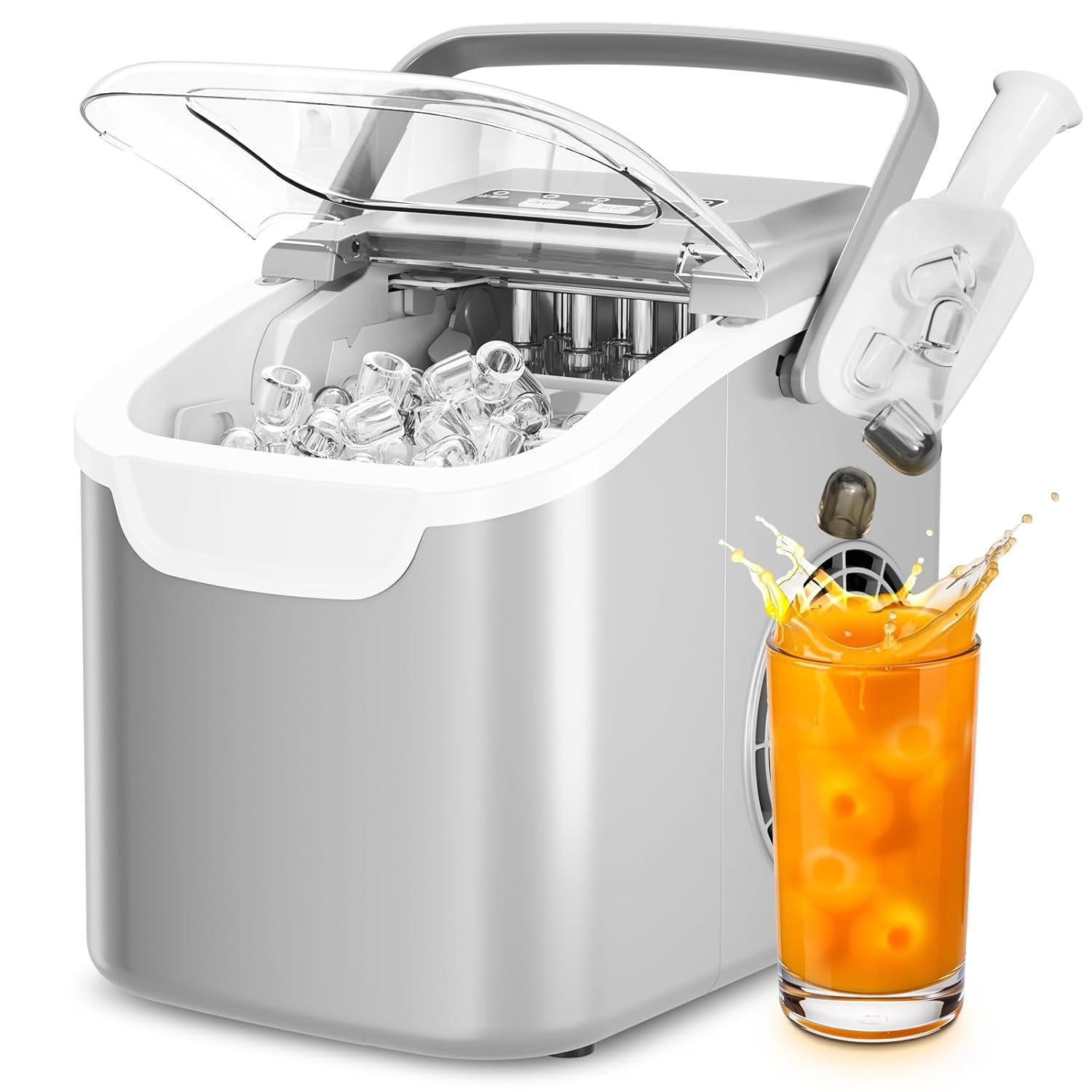 Countertop Ice Maker, Portable Ice Machine with Carry Handle, 26.5Lbs/24H, 2 Sizes Bullet Ice, 8Cubes in 6 Mins Office/Kitchen/Bar Grey