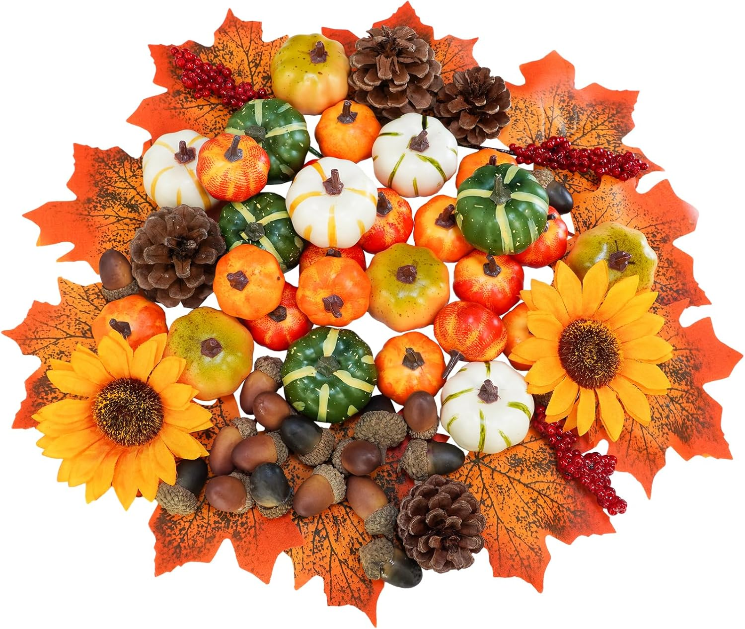 68 Pcs Assorted Mini Artificial Pumpkins with Maple Leaves Pinecones Acorns Sunflowers Berries Fall Decorating Kit for Fall Wedding Thanksgiving Halloween Table Centerpiece Wreaths Vase Bowl Fillers