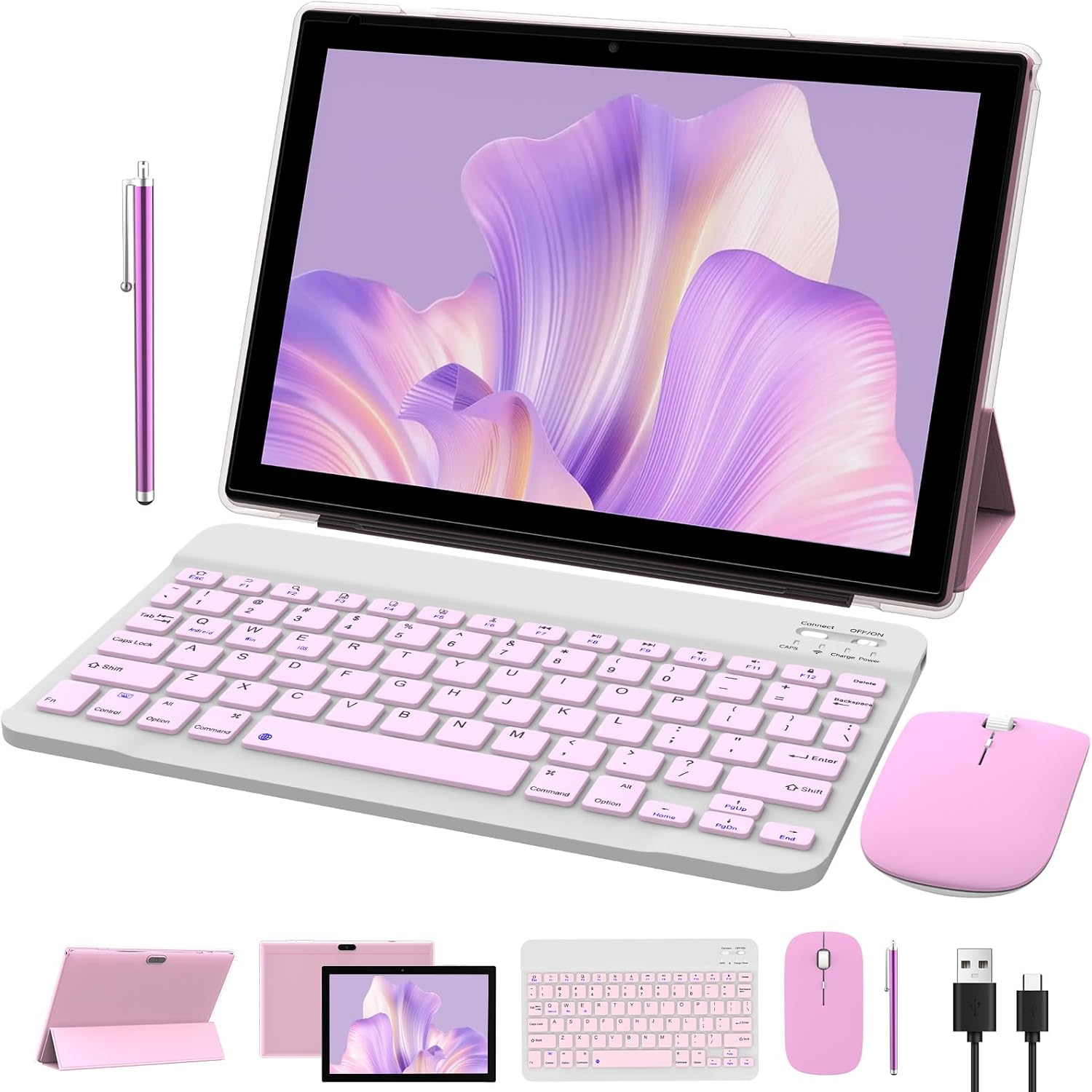 2 in 1 Tablet 10 Inch Android 14 OS Tableta, Tablets with Keyboard, Mouse, Case, Stylus, 64GB ROM+8GB RAM, 2MP+8MP Dual Camera, Quad Core Processor, 6000mAh Battery, 10.1 in FHD Tab (Pink)