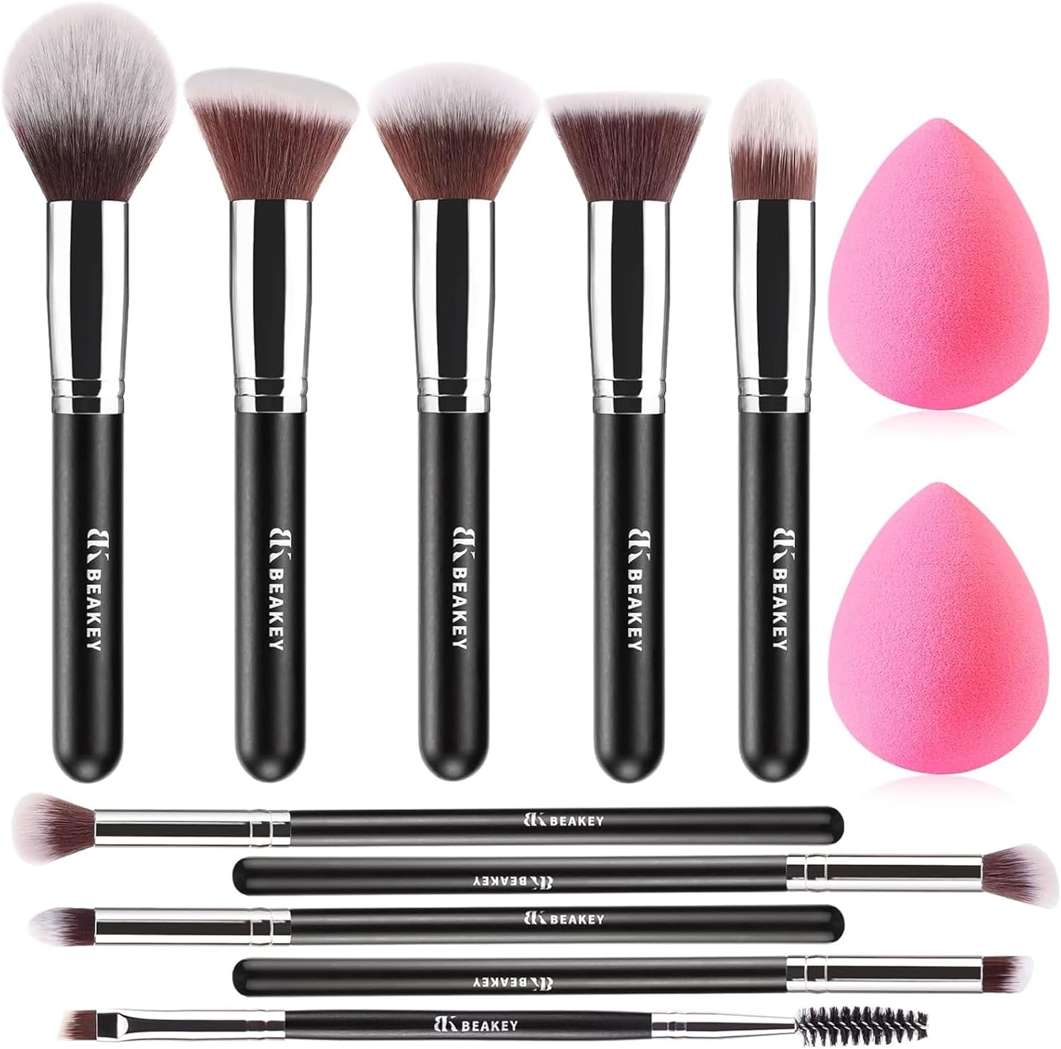Set Pennelli Make up Premium Synthetic Pennelli Trucco per Fondazione Cipria Fard, Ombretto, Set Di Pennelli Make Up, Kit Con Spugnetta E Blender Beauty (10 + 2 Pezzi, Nero/Argento)