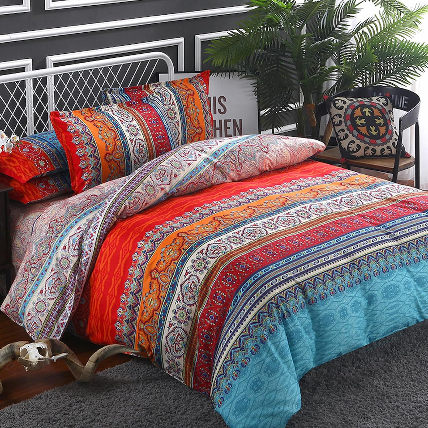 Striped Bohemian Comforter Set Queen Size 3 Pieces Boho Hippie Geometric Bedding Set Soft Breathable Reversible Microfiber Boho Comforter with 2 Pillowcases(20